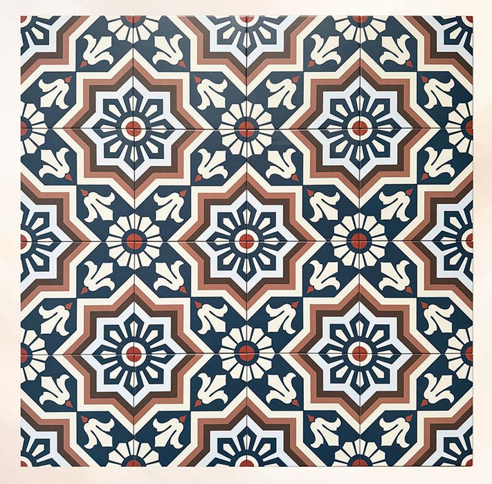 Group of Brompton Grand 20x20cm Victorian-Moroccan-style ceramic tiles arranged together, showcasing a repeating star and floral pattern in navy blue, terracotta, cream, and white tones on a light beige background.