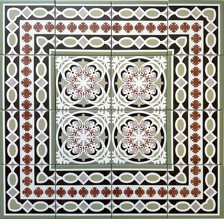 Empire Green Corner 15x15cm Victorian floor tile group layout with coordinating border tiles, showcasing ornate floral motifs and interlocking geometric patterns in sage green, terracotta, and white for a timeless heritage look.