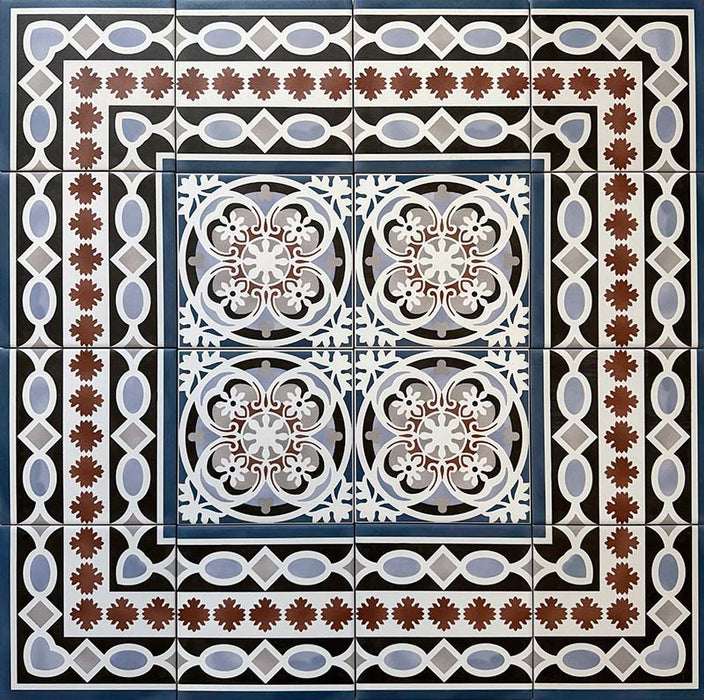 Empire Blue 15x15cm Victorian border tile group layout shown with matching patterned tiles, featuring classic interlocking oval and leaf motifs in blue, terracotta, white, and charcoal tones for traditional floor designs.