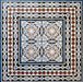 Empire Blue 15x15cm Victorian border tile group layout shown with matching patterned tiles, featuring classic interlocking oval and leaf motifs in blue, terracotta, white, and charcoal tones for traditional floor designs.