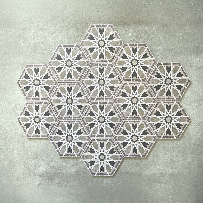 Maroush Mareshan Sage Green/Grey 18.7x21.6cm Moroccan hexagonal tiles arranged in a group pattern, showcasing white geometric star motifs on a subtle sage green and grey background for a timeless, artisan look.