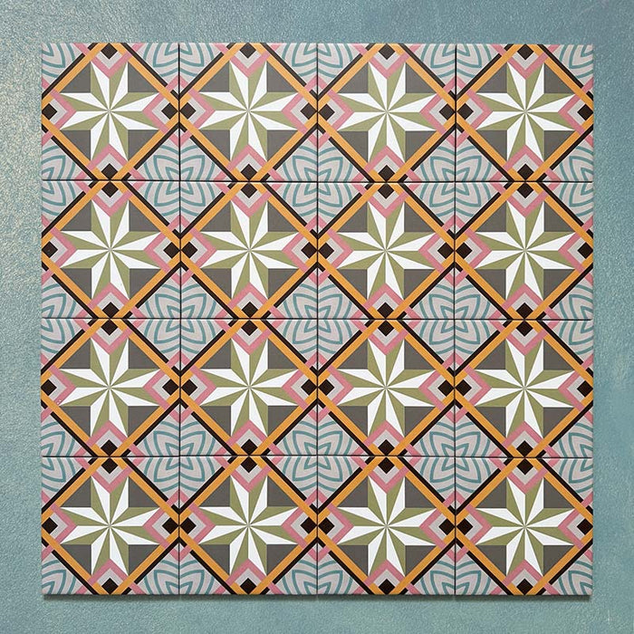 Cabana Star Mini 15x15cm Moroccan-style ceramic tiles shown in a grouped layout, featuring a multicolour geometric star and stripe pattern on a teal background