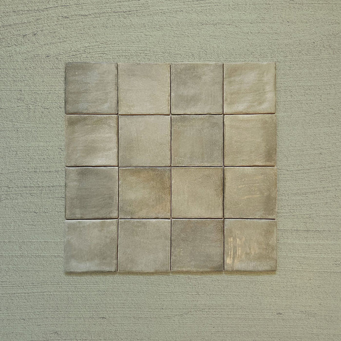 Zellij Weald Green Square Moroccan Style 10cm x 10cm group of tiles, square tiles arranged in a grid showing soft weald green and beige-green tones, natural tonal variation, glossy glazed finish, and a handcrafted Moroccan-inspired look.