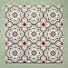 Cabana Paradise 20x20cm Moroccan-style ceramic tiles shown in a grouped layout, featuring a pink, green, and mustard floral pattern on a soft green background.