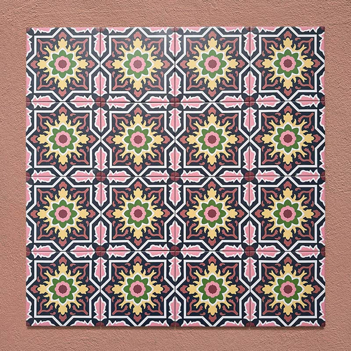 Cabana Havana Mini 15x15cm Moroccan-style ceramic tiles shown in a grouped layout, featuring a vibrant multicolour floral geometric pattern on a terracotta background.