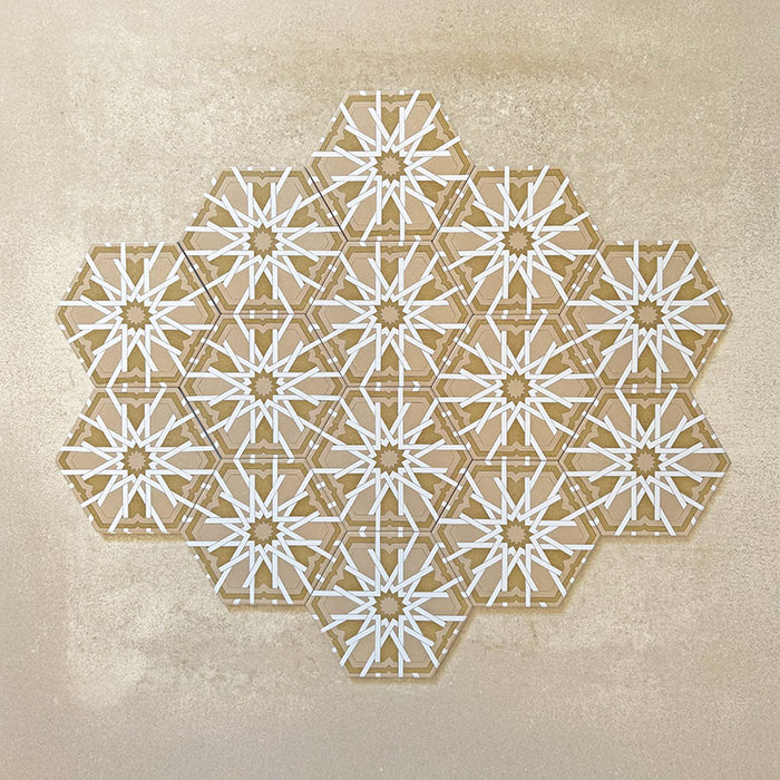 Maroush Mareshan Vintage Gold 18.7x21.6cm Moroccan hexagonal tiles arranged in a group, showcasing intricate white star motifs on a warm golden background for a luxurious, handcrafted look.