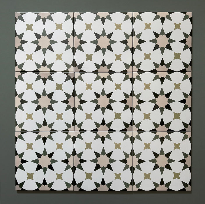 Agraba Natural 20x20cm Moroccan tiles arranged in a group, displaying a geometric eight-point star pattern in beige, olive, and taupe tones on a white background, ideal for classic or contemporary interiors.