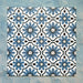 Flatlay featuring a group of Clarence House Azul Blue 20x20cm Victorian Moroccan-style porcelain tiles, displaying an intricate repeating blue and white geometric floral pattern on a textured blue background.
