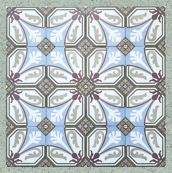 Grouped layout of Carnaby Place Victorian-style 20x20cm porcelain wall and floor tiles, showing the full repeating ornate floral and geometric pattern in olive, blue, cream, and deep red tones.