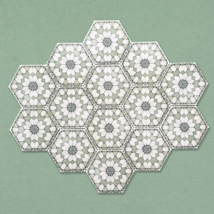 Maroush Green 18.7x21.6cm Moroccan hexagonal tiles arranged in a group layout, showcasing the intricate geometric star and floral pattern in soothing green and white tones.