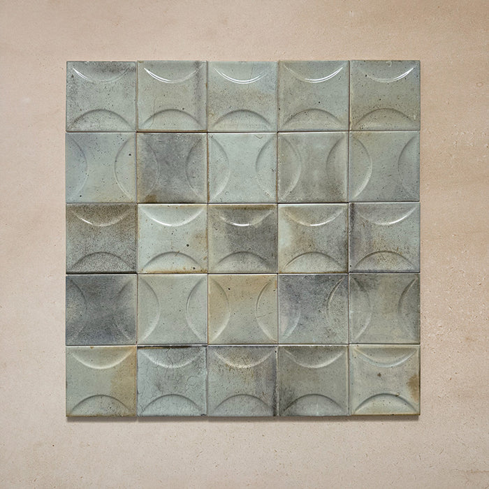 Beijing Celadon Green Decor Square 10x10cm Moroccan-style ceramic wall tiles, styled in a grouped layout to showcase their curved relief pattern and glossy handcrafted finish.