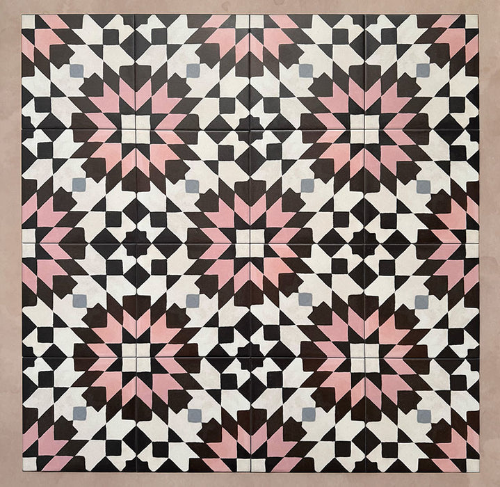 Cabana Mexico City Rose Moroccan Style 20x20cm group of tiles featuring a repeating geometric starburst pattern in rose pink, chocolate brown, white, black, and soft grey tones with a smooth matt finish.