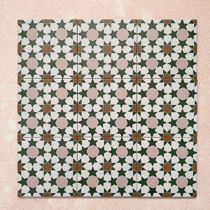 Cabana Tanane Moroccan Style 20x20cm group of tiles showing a repeating geometric star and cross pattern in forest green, blush pink, white, and tan tones with a smooth matt finish