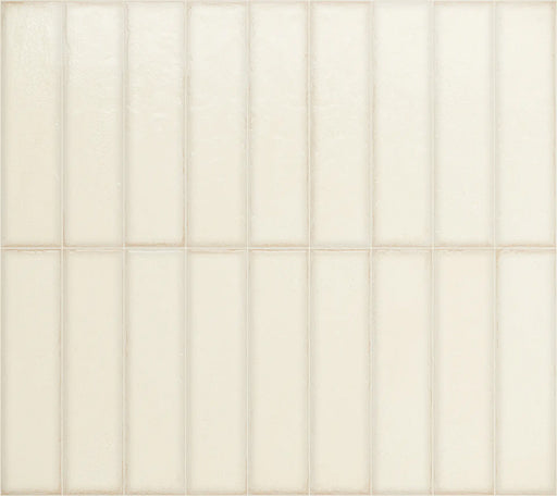 Group display of Play White Brick rectified wall and floor tiles in 5x20cm format, arranged vertically to highlight clean edges, subtle surface texture and contemporary brick proportions in a soft white finish.