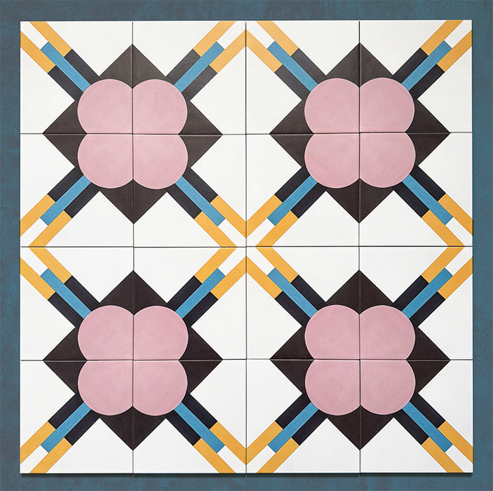 Group layout featuring Geometry Contour 20x20cm patterned tiles, showing a repeating design of pink four-petal motifs set within dark diamond shapes, intersected by mustard, teal, and navy linear accents on a crisp white background.