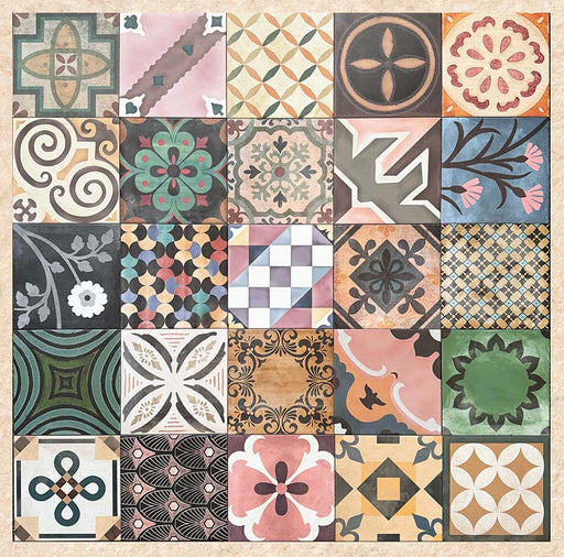 Cabana Patchwork 20x20cm Moroccan-style ceramic tiles shown in a group layout, featuring a mix of multicolour geometric and floral patterns in a vintage patchwork design