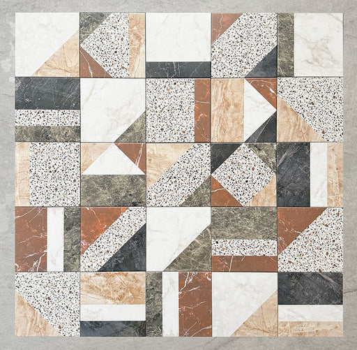 Flatlay featuring Dino Terrazzo Blanco Decor 20x20cm terrazzo-style ceramic tiles, showing each patchwork variation with a mix of white, terracotta, green, and black geometric patterns.