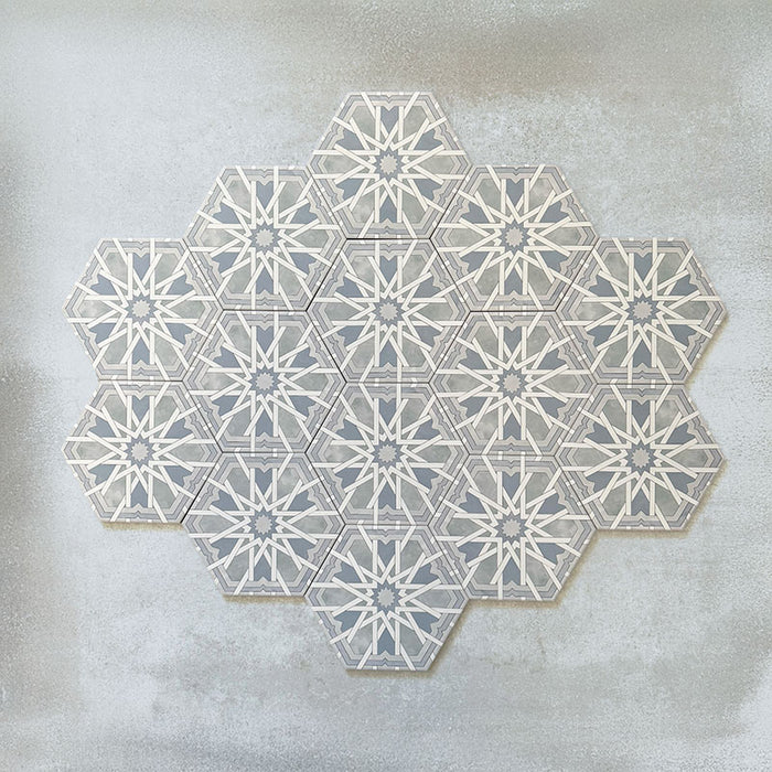 Maroush Mareshan Azure Blue 18.7x21.6cm Moroccan hexagonal tiles arranged in a group pattern, featuring intricate white starburst motifs on a soft blue base for a modern yet traditional look.