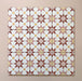Close-up of multiple Agraba Springs 20x20cm Moroccan-style ceramic tiles arranged in a grid, featuring a geometric star pattern in terracotta, blush pink, mustard, and white tones on a soft pastel background.