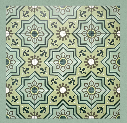 Group of Brompton Verde 20x20cm Victorian-style ceramic tiles arranged together, showcasing a repeating geometric star and floral pattern in green, teal, and cream tones with a traditional heritage design aesthetic.