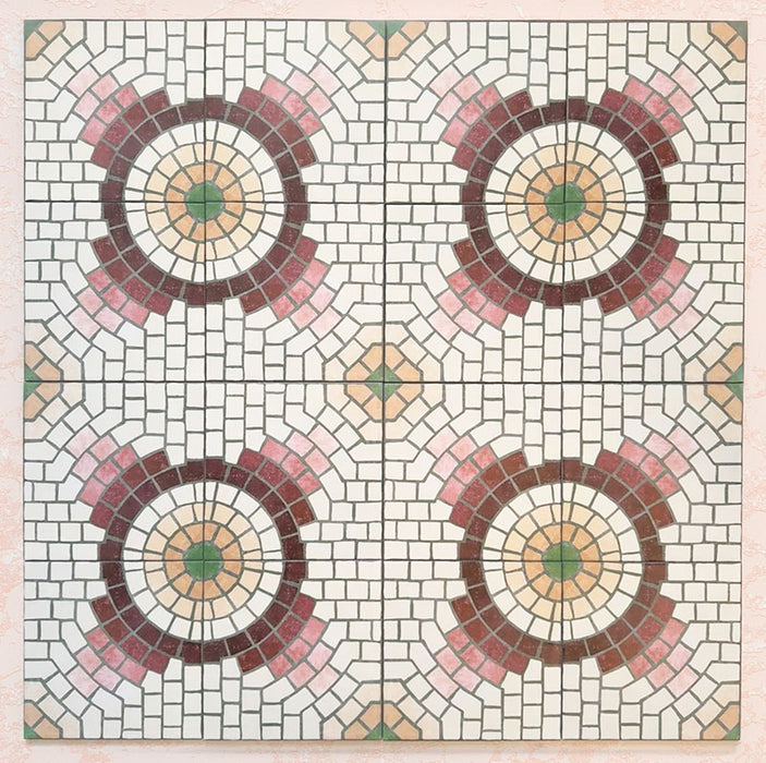 Cabana La Calle 20x20cm Moroccan-style porcelain tiles shown as a group of four, featuring a mosaic-effect circular design in cream, blush, burgundy, green, and beige tones on a softly textured pink background.