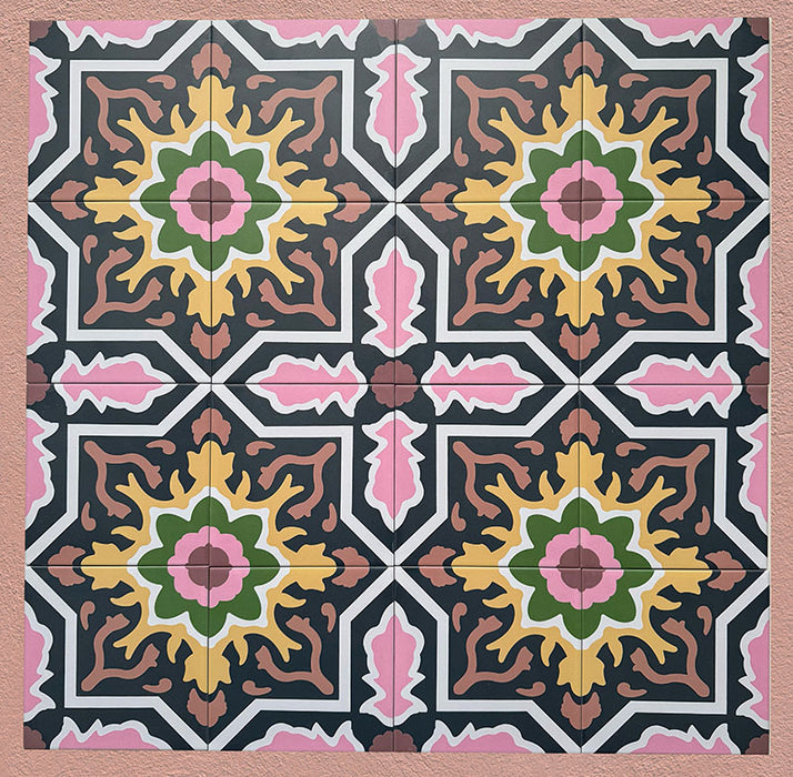 Cabana Havana 20x20cm Moroccan-style ceramic tiles shown in a group layout, featuring a multicolour floral geometric pattern on a terracotta background