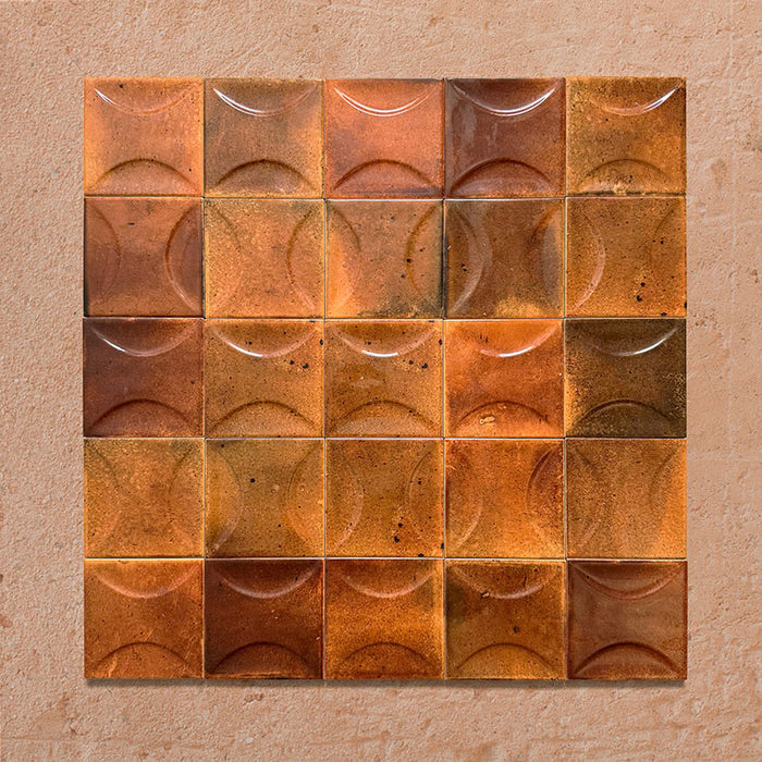 Beijing Amber Decor Square 10x10cm Moroccan-style ceramic wall tiles, styled in a grouped layout to showcase their curved relief design and warm glossy finish.