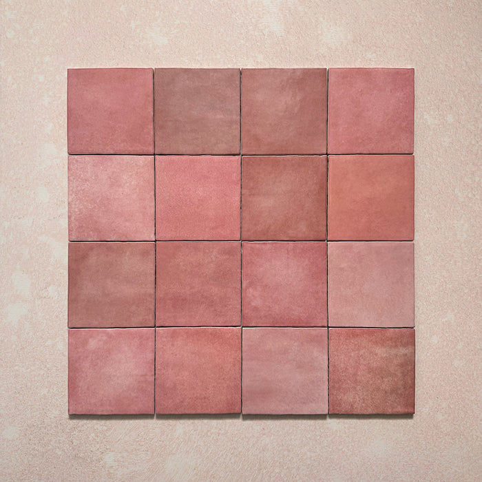 Zellij Rose Pink Square tiles, 13.2cm x 13.2cm, Moroccan style square tiles shown as a full group layout with soft rose pink tones, natural shade variation, subtly uneven edges, and a glossy glazed finish for a handcrafted look.