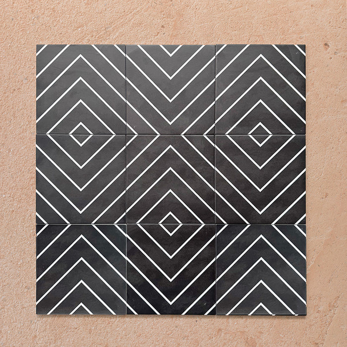 Alhambra Zig Zag Black 20x20cm Moroccan tiles arranged in a group layout, featuring a bold black background with crisp white geometric chevron and diamond patterns for a striking modern look.