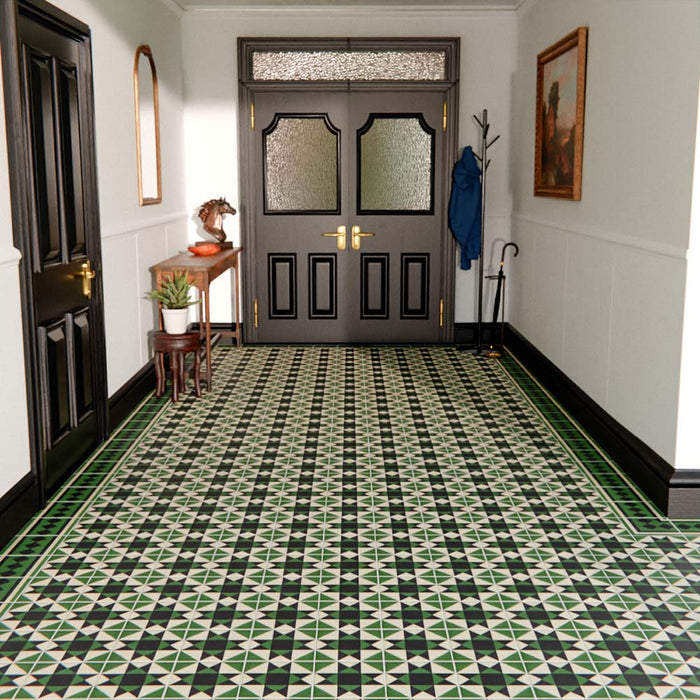 Victorian-style hallway featuring Maison Green Decor patterned 20x20cm ceramic floor tiles with black, white and green geometric design.