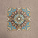 Four Europa Hanover 20x20cm Victorian Moroccan style tiles arranged together to showcase the repeating decorative pattern in blue, terracotta, mustard and cream tones, displayed against a textured beige background.