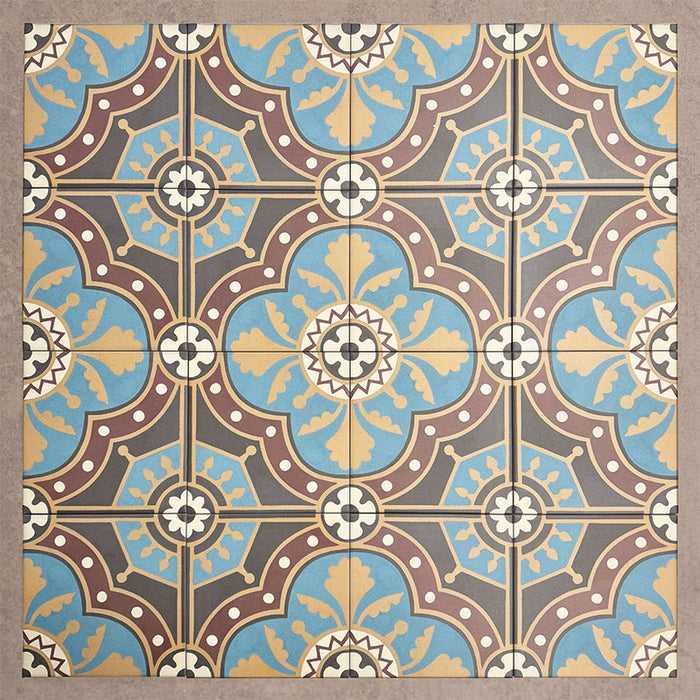 Group of Europa Hanover 20x20cm Victorian Moroccan style tiles arranged together to showcase the repeating decorative pattern in blue, terracotta, mustard and cream tones, displayed against a textured beige background.