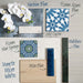 Flat lay moodboard featuring Hashim Blue Honed Matt Onyx tiles paired with blue Moroccan style patterned tiles, deep blue gloss brick tiles, dark green wall tiles, soft white metro tiles and light wood accents, creating a fresh, elegant bathroom design scheme.