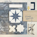 Flat lay moodboard featuring Hashim Blue Honed Matt Onyx tiles with a blue star patterned tile, white star and cross tiles, white gloss brick tiles, marble effect mosaic strips, light wood and brass accents, creating a timeless blue and white interior palette.