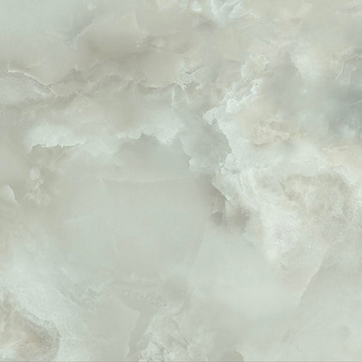 Close-up of Hashim Green Honed Matt Onyx 60x60cm porcelain tile featuring soft green onyx-effect veining with cloudy white and pale sage tones. The honed matt finish creates a natural stone look, ideal for bathroom walls, feature walls and luxurious interior spaces.