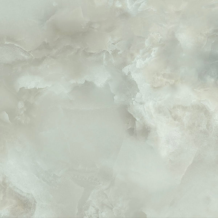 Close-up of Hashim Green Honed Matt Onyx 60x60cm porcelain tile featuring soft green onyx-effect veining with cloudy white and pale sage tones. The honed matt finish creates a natural stone look, ideal for bathroom walls, feature walls and luxurious interior spaces.