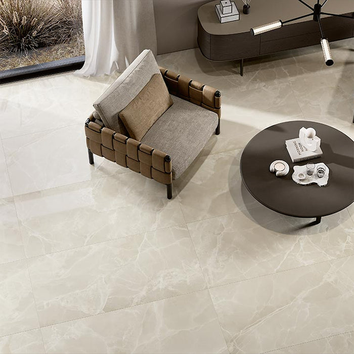 Modern living space featuring Hashim White Honed Matt Onyx porcelain floor tiles in a large-format design. The soft white onyx-effect veining creates a bright, luxurious foundation, beautifully complemented by warm neutral furnishings, contemporary lighting and elegant minimalist styling.