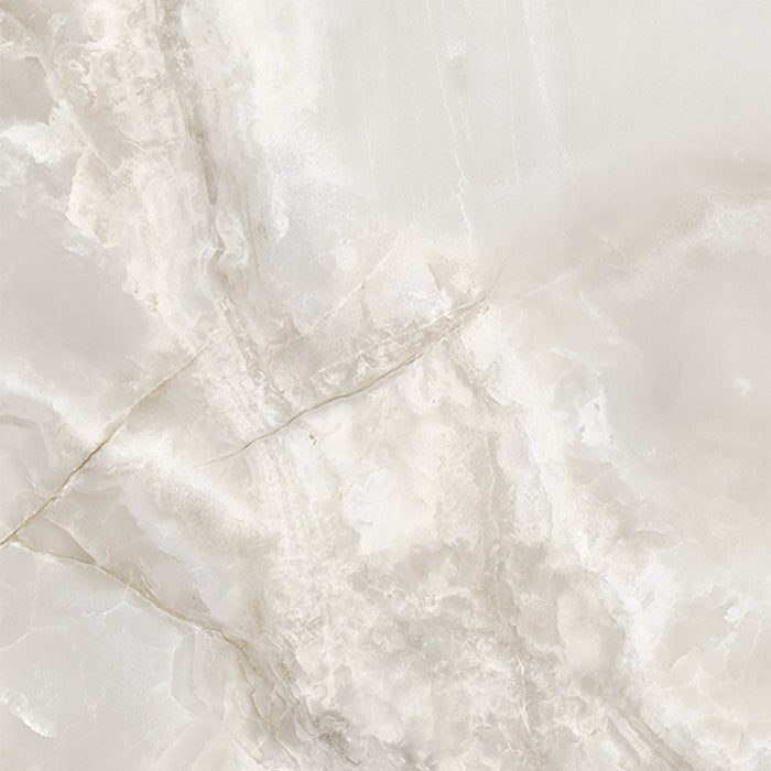 Close-up of Hashim White Honed Matt Onyx 60x60cm porcelain tile featuring soft white onyx-effect veining with delicate grey and warm beige tones. The honed matt finish creates a luxurious natural stone look, perfect for bathroom walls, feature walls and elegant interior spaces.