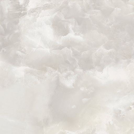 Close-up of Hashim White Honed Matt Onyx 60x60cm porcelain tile featuring soft white onyx-effect veining with delicate grey and warm beige tones. The honed matt finish creates a luxurious natural stone look, perfect for bathroom walls, feature walls and elegant interior spaces.