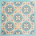 Group of Europa Helsinki 20x20cm Victorian Moroccan style tiles arranged together to showcase the repeating geometric pattern in teal, terracotta, cream and black tones, displayed against a textured aqua background.