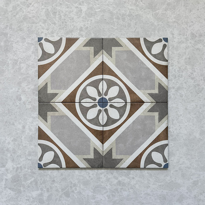 Four-tile layout of Carnaby Heythrop Victorian-style 20x20cm porcelain wall and floor tiles, highlighting the central geometric floral motif in taupe, terracotta, grey, and blue tones on an aged background.
