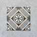 Four-tile layout of Carnaby Heythrop Victorian-style 20x20cm porcelain wall and floor tiles, highlighting the central geometric floral motif in taupe, terracotta, grey, and blue tones on an aged background.