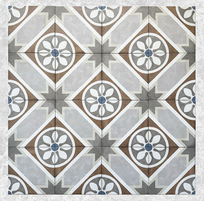 Grouped layout of Carnaby Heythrop Victorian-style 20x20cm porcelain wall and floor tiles, displaying the full repeating geometric floral pattern in taupe, terracotta, grey, and blue tones on an aged background.