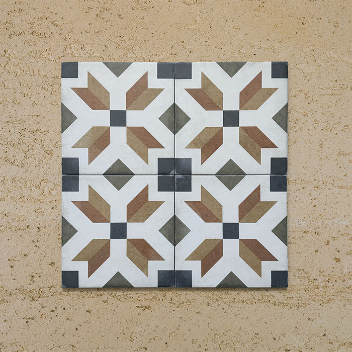 Four-tile layout of Carnaby High Street Victorian-style 20x20cm porcelain wall and floor tiles, highlighting the repeating star-shaped geometric design in mustard, olive, brown, white, and charcoal tones.