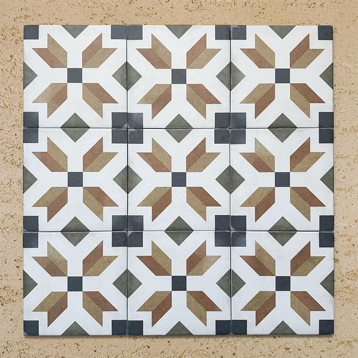 Grouped layout of Carnaby High Street Victorian-style 20x20cm porcelain wall and floor tiles, showing the full repeating star-shaped geometric pattern in mustard, olive, brown, white, and charcoal tones.