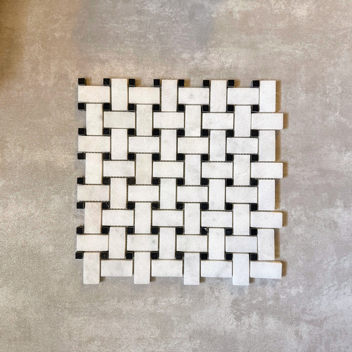 Fitzrovia Honed Black & White Marble Basketweave Mosaic Tiles | 32.5cm x 32.5 cm
