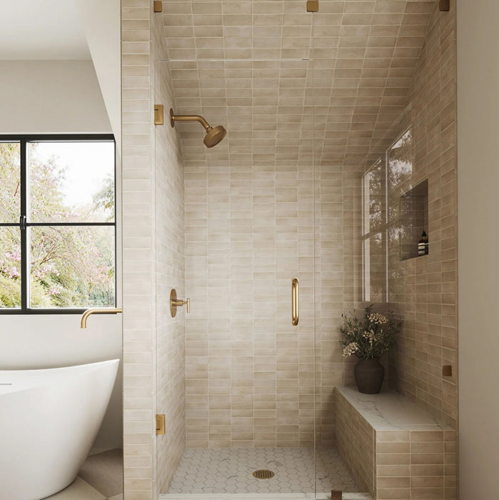 Bathroom featuring Atlas Canvas Mini Brick 5x15cm matt wall tiles, installed in a stacked layout, showcasing soft neutral tones with a subtle textured finish, paired with brass fittings and a calm, contemporary interior setting.