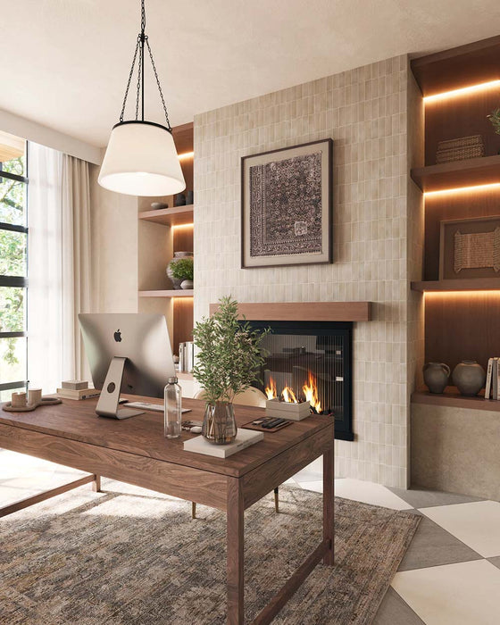 Living room featuring Atlas Canvas Mini Brick 5x15cm matt wall tiles, installed in a vertical layout, showcasing soft neutral tones with a subtle textured finish, paired with a fireplace, wooden shelving, and a warm, contemporary interior.