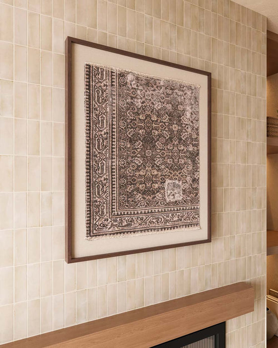 Living room featuring Atlas Canvas Mini Brick 5x15cm matt wall tiles, installed in a vertical layout, showcasing soft neutral tones with a subtle textured finish, paired with a fireplace, wooden shelving, and a warm, contemporary interior.