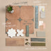 Moodboard featuring Izmir Brick Celadon Green Gloss 6x25cm tiles paired with Odense Octagon terracotta tiles, Dohar Bone Star and Cross tiles, and natural textures in sage, blush, and wood tones for a warm, earthy palette.